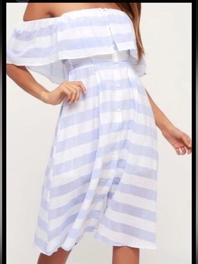 Lulu's Blue and White Striped Off-Shoulder Button-Front Dress